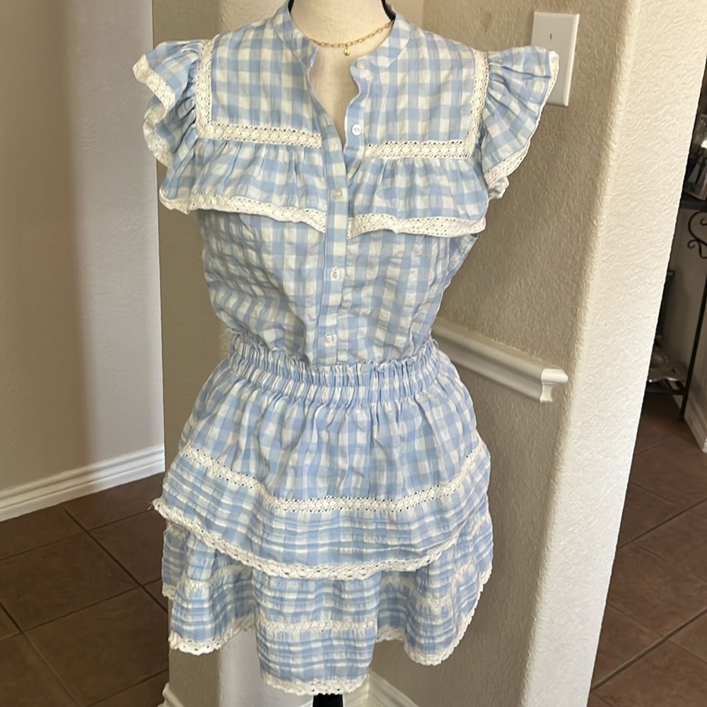 Day+Moon blue & white gingham checkered lace ruffles tiered mini skirt Size M - Picture 3 of 17